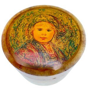 Marble Trinket Box Edna Hibel Girl Round Shape 2" Vtg Keepsake Storage Container